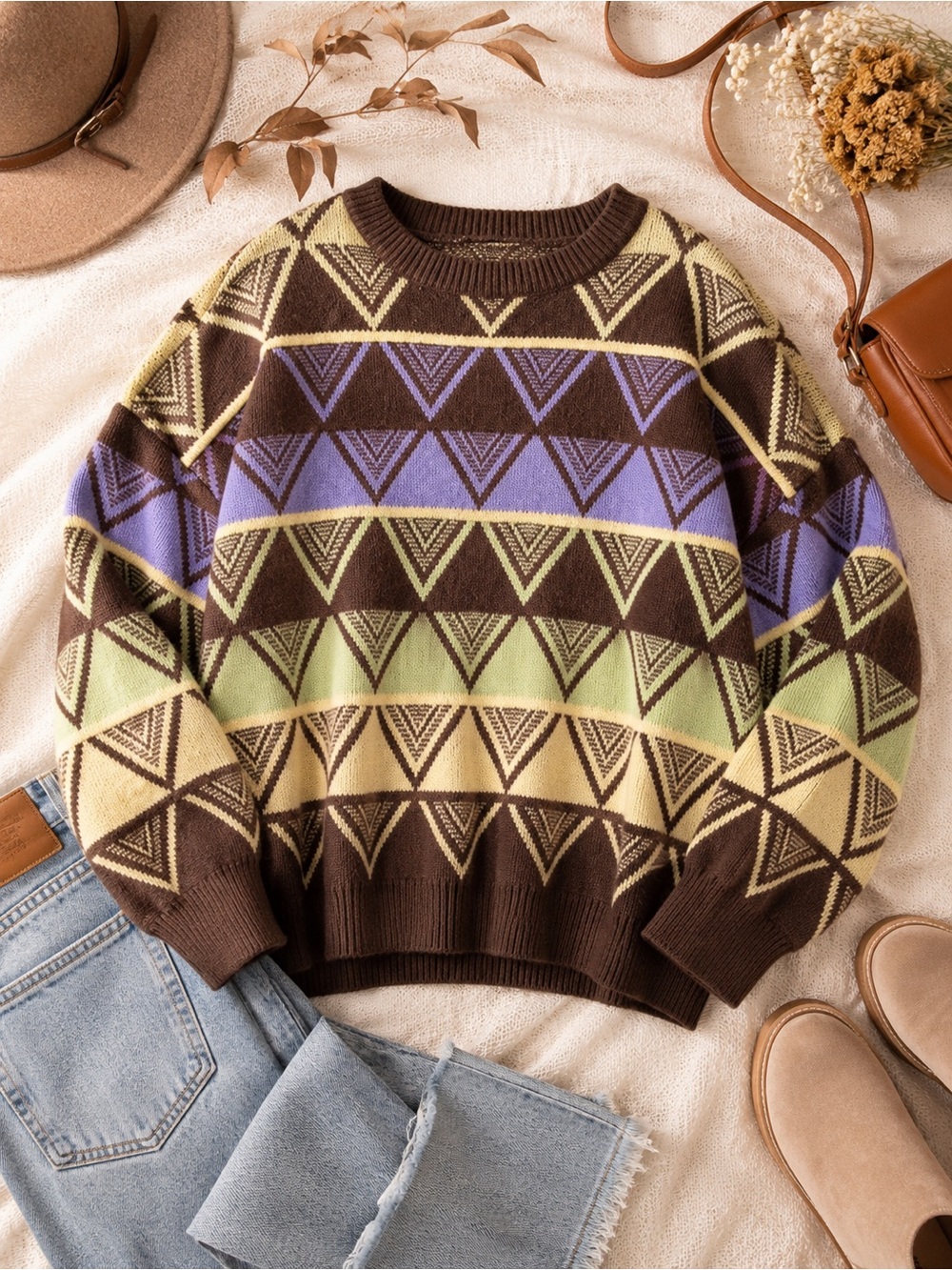 Brown Geometric Knit Sweater Retro Oversized Cozy Crewneck